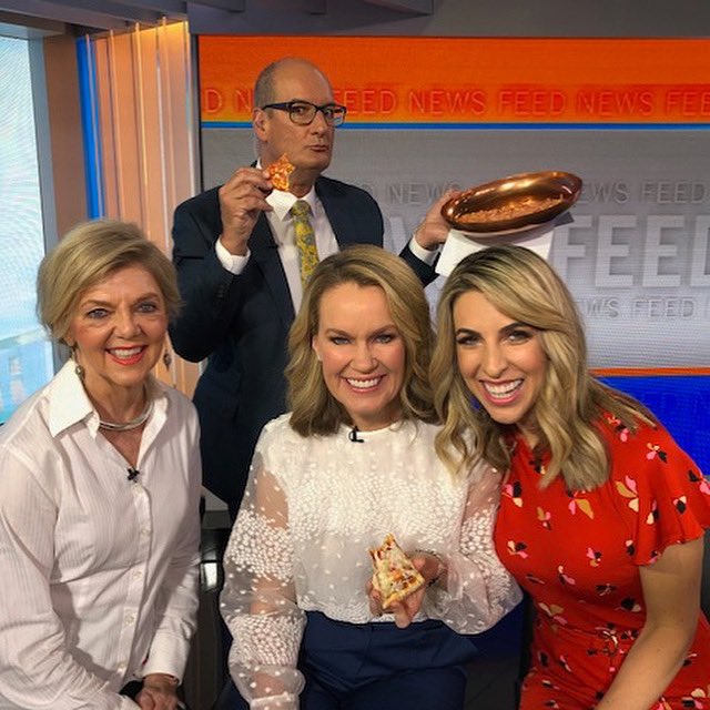 Eating pizza and commentating on the latest news this morning with @sunriseon7 @samanthabrett @annamusson