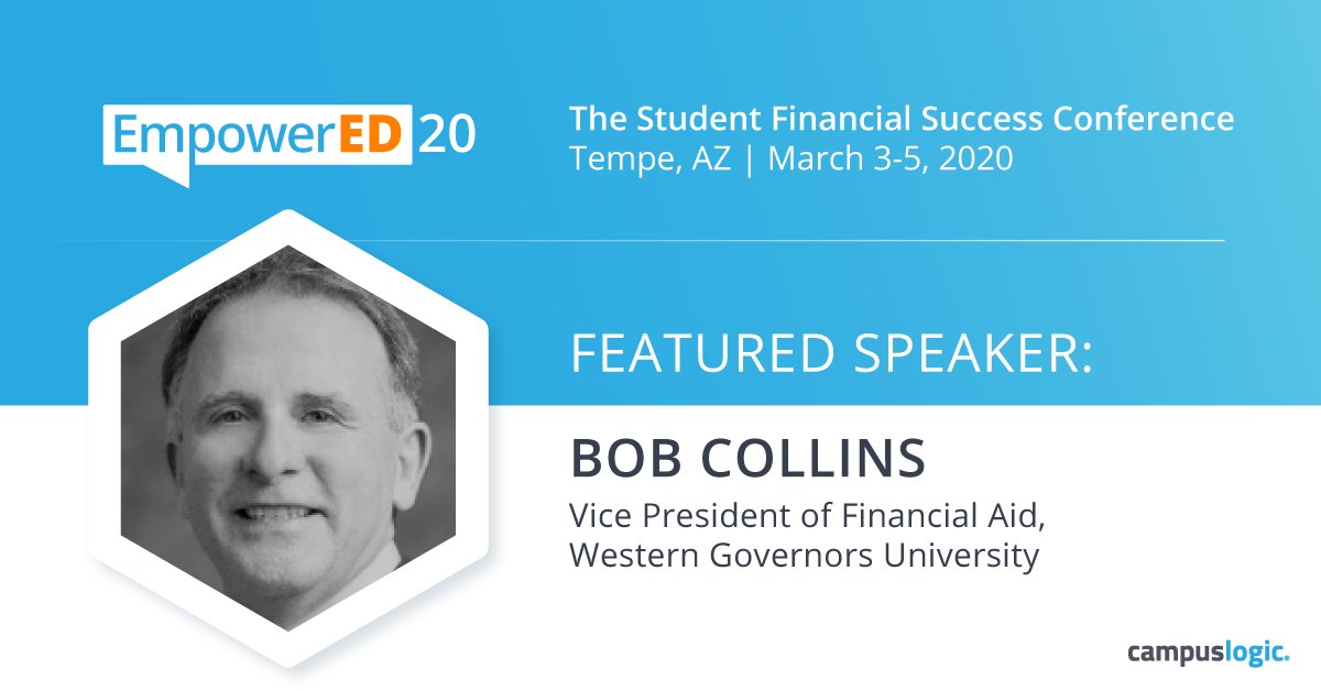 CampusLogic's tweet photo. A proponent of WGU’s Responsible Borrower Initiative, Bob Collins joins #EmpowerED20 to share specific examples of helping students make better, more practical financial decisions. #StudentFinancialSuccess #FinancialAid 

See more great speakers > https://t.co/JIOQnYtNt8 https://t.co/vYEXb2VOfa