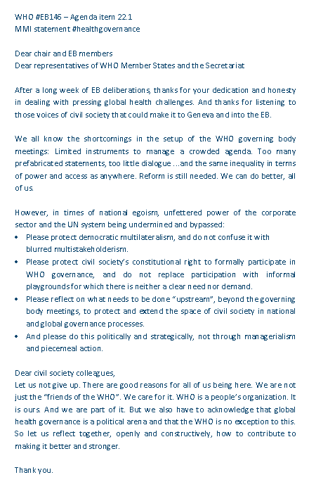 mmi_updates's tweet photo. @G2H2_Geneva WHO #EB146 #healthgovernance #ourWHO
MMI statement on agenda item 22.1
https://t.co/BsY8yo6Tve https://t.co/MKtA1CWd5w