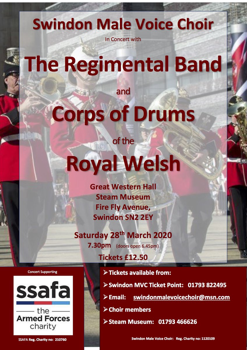 SSAFA Wiltshire (@ssafawiltshire) on Twitter photo SATURDAY 28 MARCH - PUT IT IN YOUR DIARY! Swindon Male Voice Choir & The Regimental Band and Corps of Drums of the Royal Welsh will be in concert to benefit our Swindon Division in the Great Western Hall of the Steam Museum. <a href="/RoyalWelshBand/">Royal Welsh Band</a> <a href="/SwindonMVC/">Swindon MVC</a> SATURDAY 28 MARCH - PUT IT IN YOUR DIARY! Swindon Male Voice Choir & The Regimental Band and Corps of Drums of the Royal Welsh will be in concert to benefit our Swindon Division in the Great Western Hall of the Steam Museum. <a href="/RoyalWelshBand/">Royal Welsh Band</a> <a href="/SwindonMVC/">Swindon MVC</a>