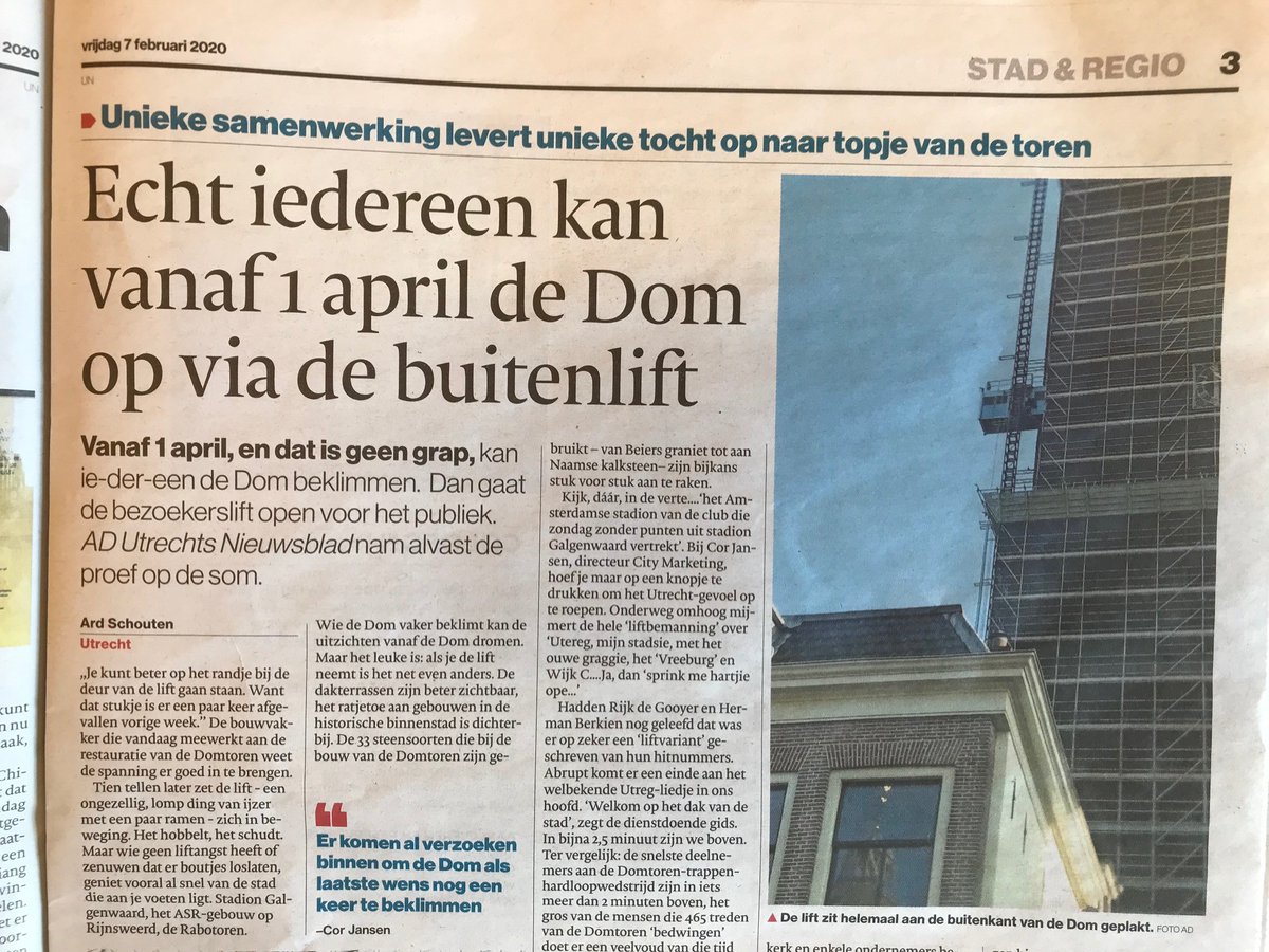 Toch een vervroegde 1 aprilgrap @redactieadun ? Vanaf 4 april kun je écht met de bezoekerslift omhoog! Hou voor meer info domtoren.nl in de gaten. In de tussentijd is de Domtoren ook het hele jaar te bezoeken met de trap. Zo is de Domtoren van iedereen! <a href="/TorensUtrecht/">Torens Utrecht</a>