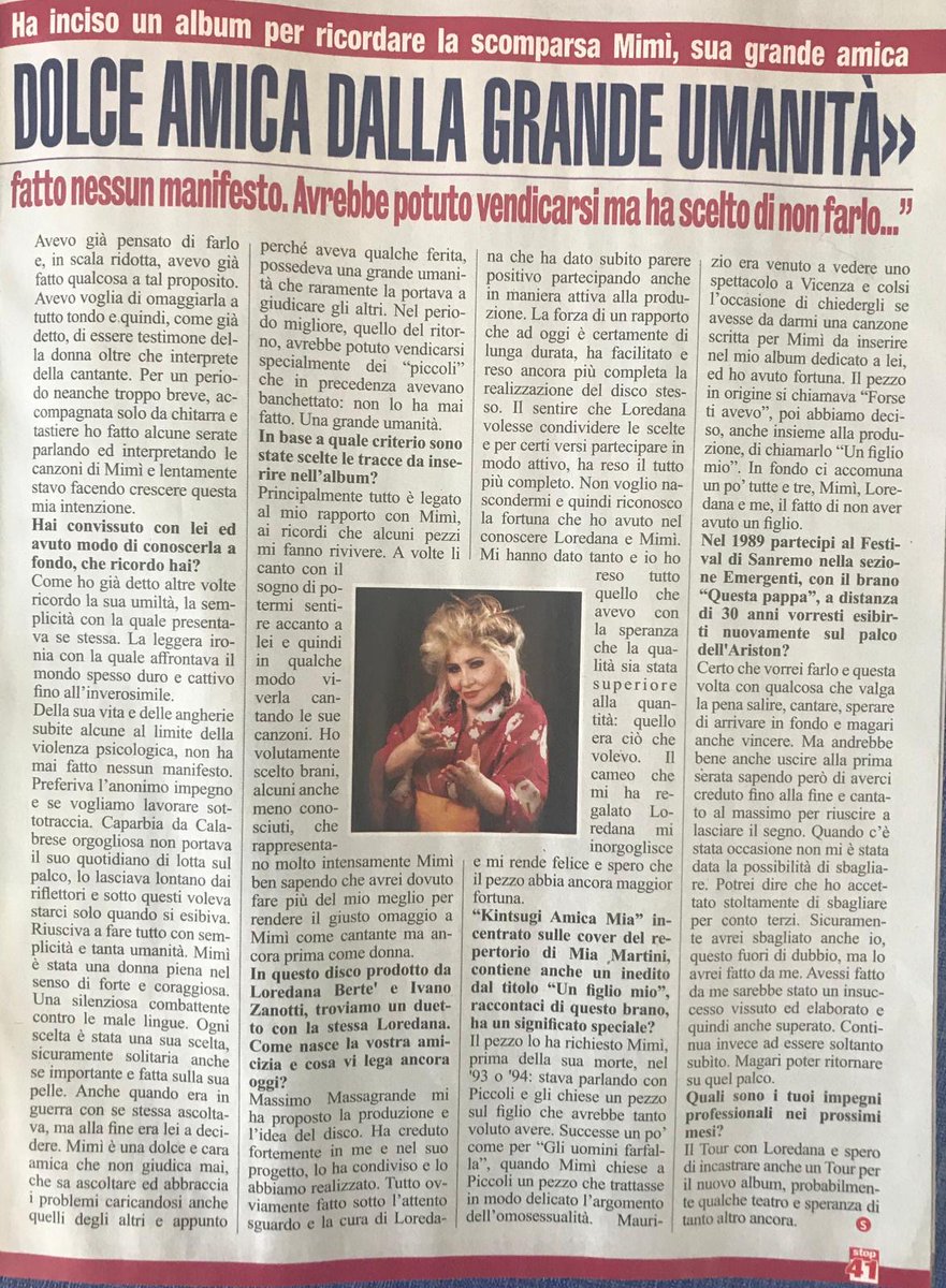 Aida_Cooper's tweet photo. Da oggi trovate su Stop, la mia intervista fatta da Lidia Laudani📖

@LoredanaBerte , @recmediapromo , @23MUSICSRL
#kintsugiamicamia #newalbum #aidaCooper #MiaMartini #LoredanaBerte #Bandabebesrl https://t.co/FrRzcAyy5G