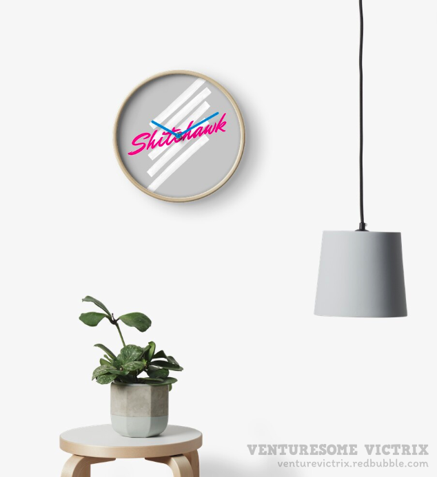 A clock featuring an eighties style design on a grey background. The text, in pink, reads "Shitehawk" on top of four white diagonal brushstrokes. 