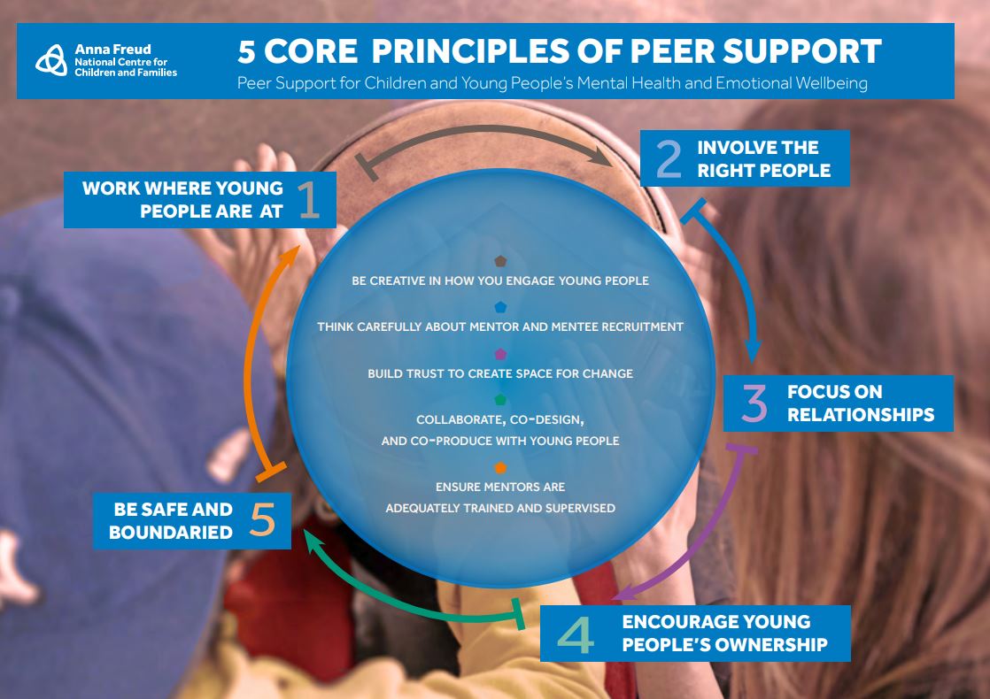annafreuduk's tweet photo. The 5 core principles of our #PeerSupportProgramme provides a framework to co-develop & co-deliver an effective & evidence-based programme supporting mental health. Access training & resources to implement in your school, college or community group: https://t.co/7w2EgCtiEw https://t.co/AX2yBM5RLw