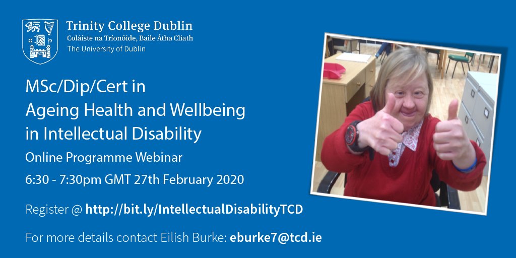 johndinsmore's tweet photo. A great opportunity to learn more about the @TCD_SNM MSc/Dip/Cert in #Ageing, #Health and #intellectualdisability. To register visit: https://t.co/5cmY2ko3ie and for further details contact: @EilishBurke15. email:eburke7@tcd.ie Please share with anyone who may be interested! https://t.co/JSZo0h3p02