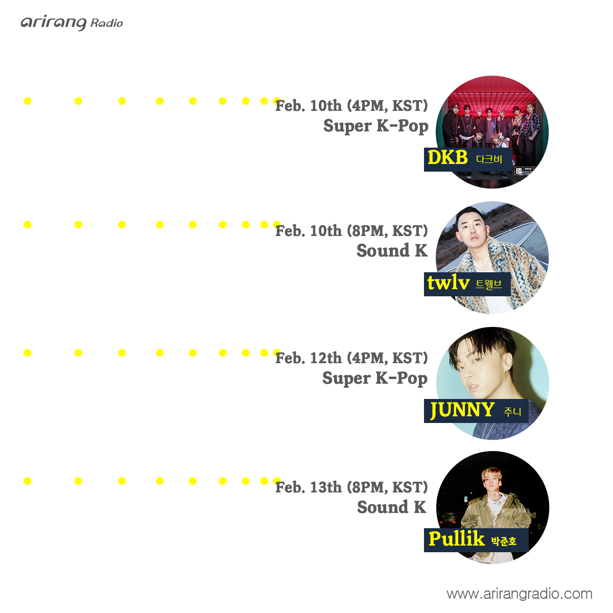 arirangworld's tweet photo. Invited Guests on Arirang Radio📻
🍎Feb 10th
Super K-Pop(4PM, KST): #DKB #다크비
Sound K(8PM KST): #twlv #트웰브
🥝Feb 12th
Super K-Pop(4PM KST): #JUNNY #주니
🍊Feb 13th
Sound K(8PM KST): #Pullik #박준호
If you want to listen to #arirangradio visit https://t.co/ScHzohXEcg https://t.co/czpjebdSe8