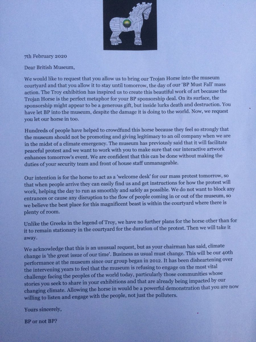 drop_BP's tweet photo. As promised, we've brought a #TrojanHorse to the @britishmuseum. Now we've issued them with a letter asking them to let the horse stay for our mass protest tomorrow - RT to show your support! #BPmustfall https://t.co/d6IsRxA9EE