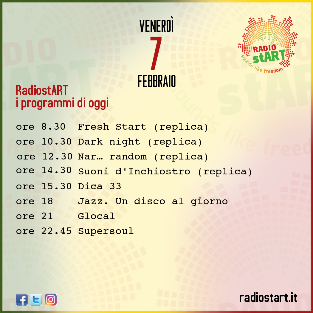ArtRadiost's tweet photo. RadiostART | i programmi di venerdì 7 febbraio 2020
ascolta RadiostART su https://t.co/5PXbyFiY7S o su TuneIn
#RadiostART #Programmi #Podcast #OnAir #Repliche #Dica33 #jazzundiscoalgiorno #Glocal #Supersoul #Venerdì #Friday #Venerdì7 #Friday7 #February7 #7Febbraio https://t.co/j6BhpYxahI