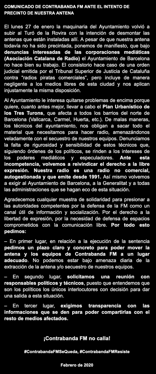 Comunicado de <a href="/contrabanda/">Contrabanda FM</a>  ante el intento de precinto de nuestra antena: contrabanda.org/es/2020/02/com… #RadiosLibres #ContrabandaFMSeQueda #ContrabandaFMResiste