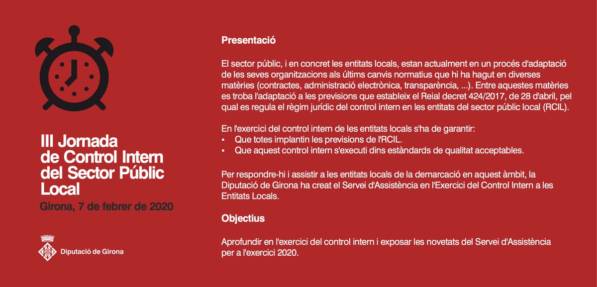 DiputacioGirona's tweet photo. La Jornada de Control Intern del Sector Públic Local és #formació que oferim als secretaris interventors, interventors, tresorers, càrrecs electes, tècnics i altres professionals de l'administració local, fruit dels canvis introduïts pel Reial decret 424/2017. #ControlinternDdGI https://t.co/K7UjHoIOK5