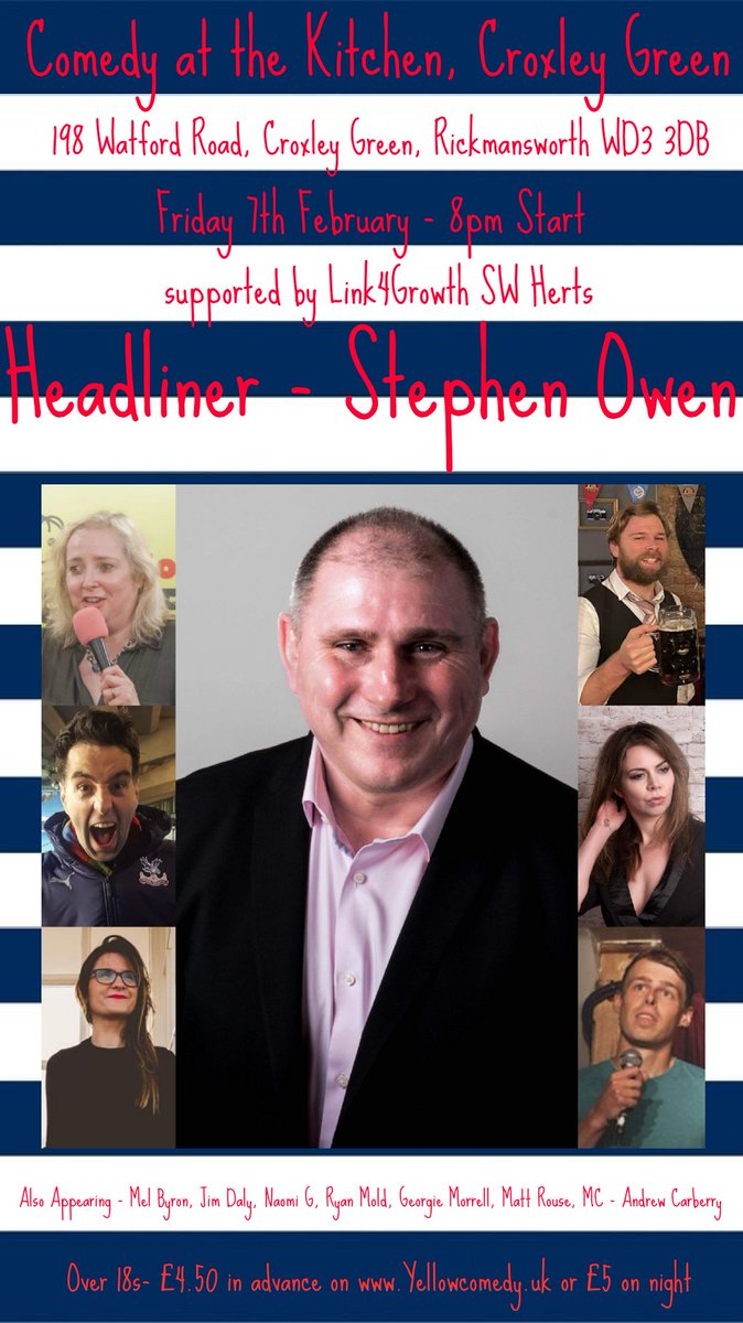 Yellow_Comedy's tweet photo. Yellow Comedy returns to @KitchenCroxley in Croxley Green TONIGHT with a night of comedy featuring Stephen Owen, Mel Byron, Jim Daly, Naomi G, Ryan Mold, Georgie Morrell &amp; Matt Rouse. Tickets £4.50 in advance at https://t.co/rNSJYgQfhd or £5 on the door https://t.co/Rza6udx2X4