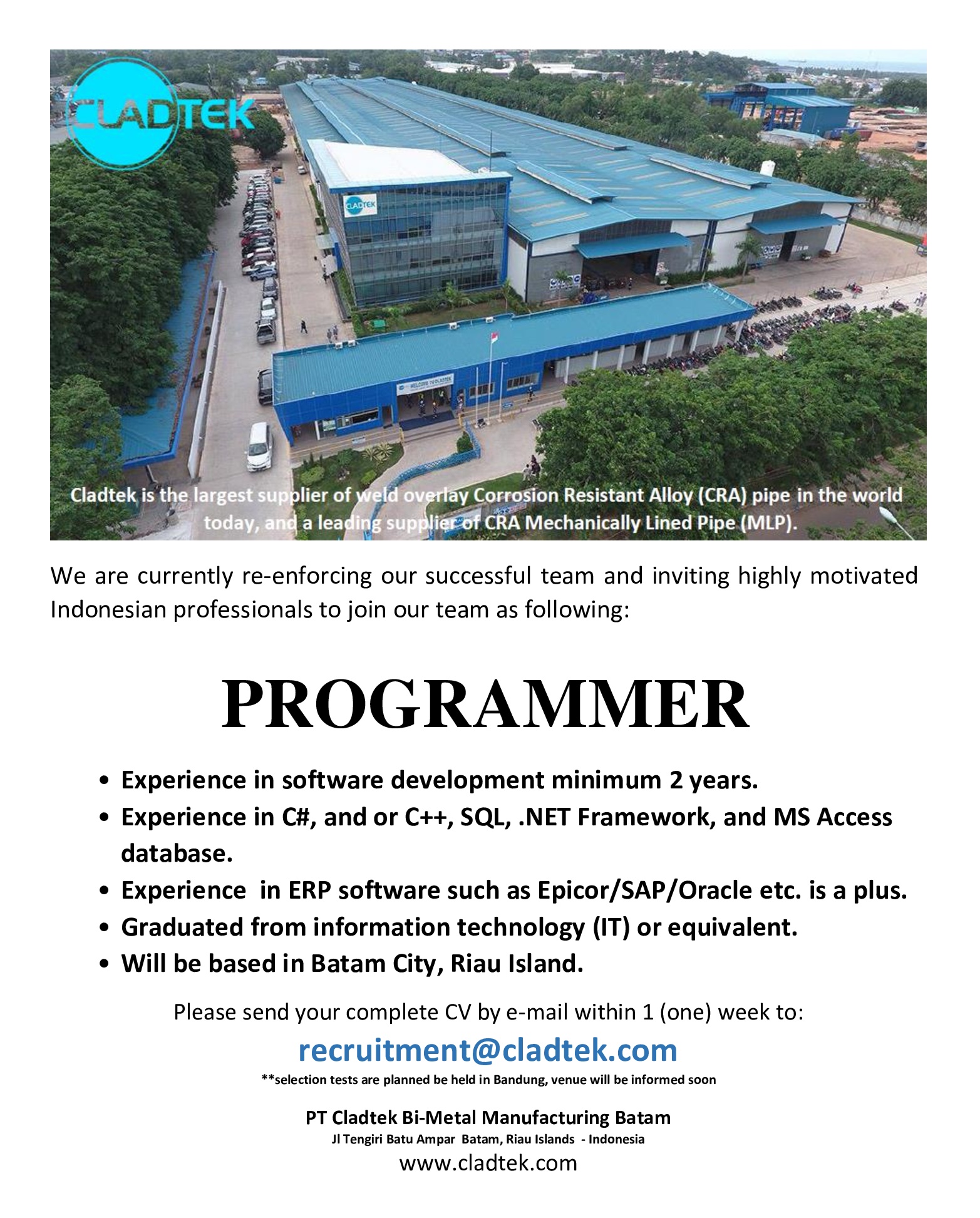 CDC UNPAR on Twitter "[Job Vacancies] PT Cladtek BiMetal
