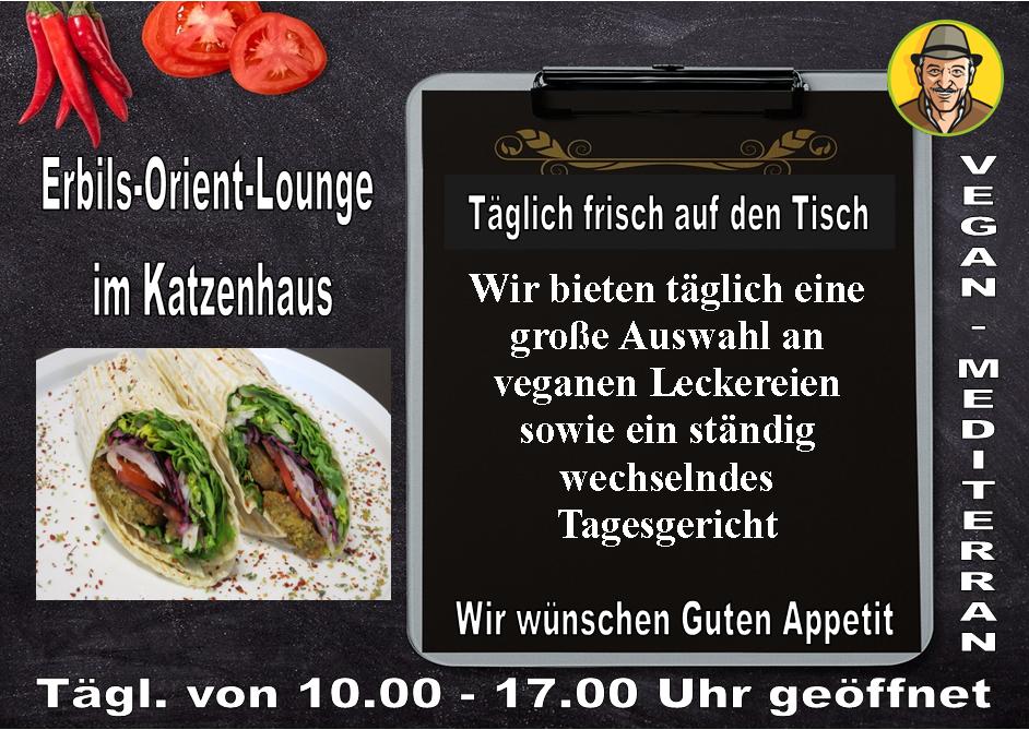 Guten Morgen und ein wundervolles Wochenende liebe Freunde der vegan-mediterranen Küche.
Wir freuen uns auf euren Besuch in unserer #ErbilsOrientLounge im Katzenhaus und halten natürlich wieder viele Leckereien für euch bereit.

Euer Erbil mit Team 🥰  facebook.com/VeganMediterra…