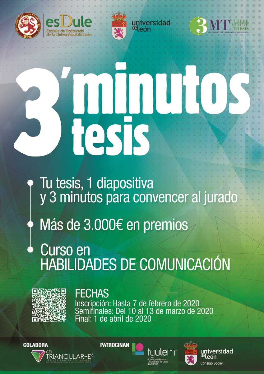 Hoy concluye el plazo de inscripción para el concurso 🎓 ‘Three minute thesis 3MT

Ofrece cursos de comunicación y oratoria, y repartirá importantes premios.

#3MT #tesis #concurso #universidad #doctorado 

✅ Más info: unileon.es/noticias/el-vi…