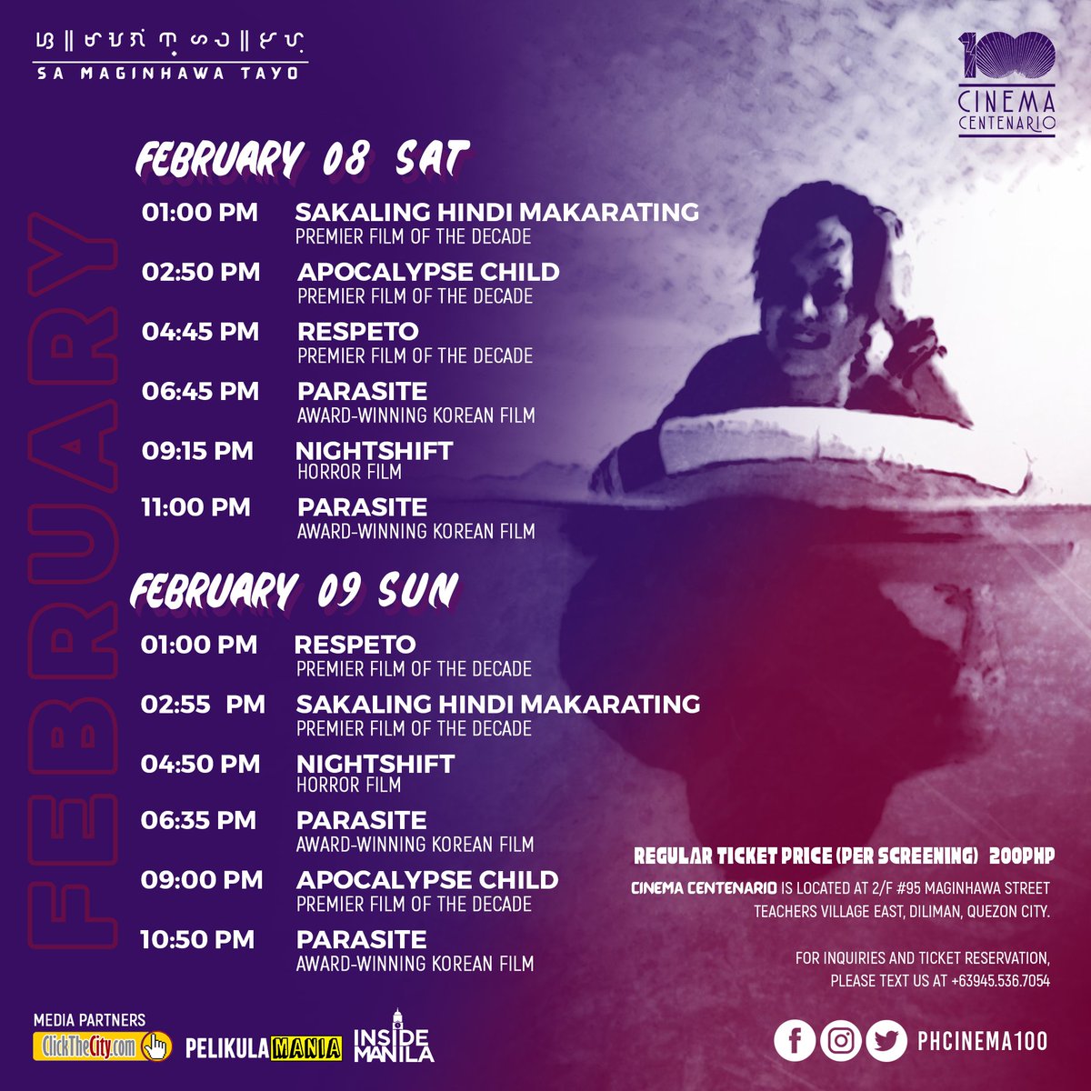 PHCinema100's tweet photo. 🚨 SCREENING SCHEDULE ALERT🚨
February 8 to 14 at #CinemaCentenario! 👌

#WelcomeHome 
#PHCinema100
#SupportPHFilms
#AsianVision
#SaMaginhawaTayo
#PebreroSaCentenario https://t.co/Tv9TvMmsmg
