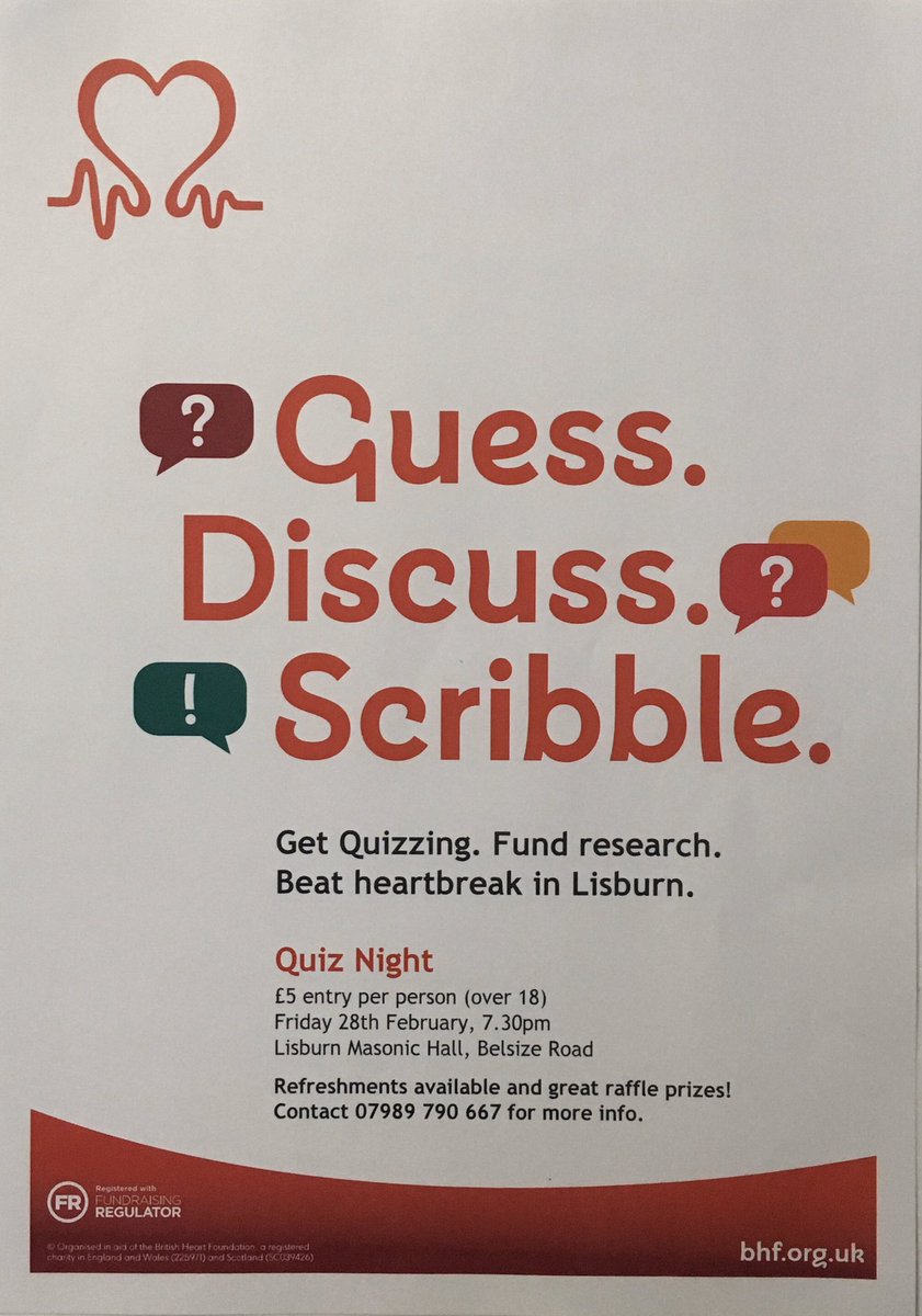 AvonmoreTrainin's tweet photo. Quiz Night reminder Fri 28th February, Lisburn Masonic Hall, doors open 7.30 over 18’s Bar open all in aid of The British Heart Foundation veining hosted by Heartstart Lisburn and Mid Down. Entry fee £5 per person https://t.co/3G89he7fmw