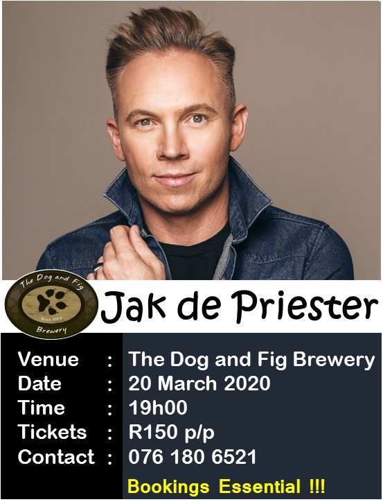 We kick our 2020 shows off with Jak de Priester!! 20 March. R150 pp. Bookings essential. 0761806521.