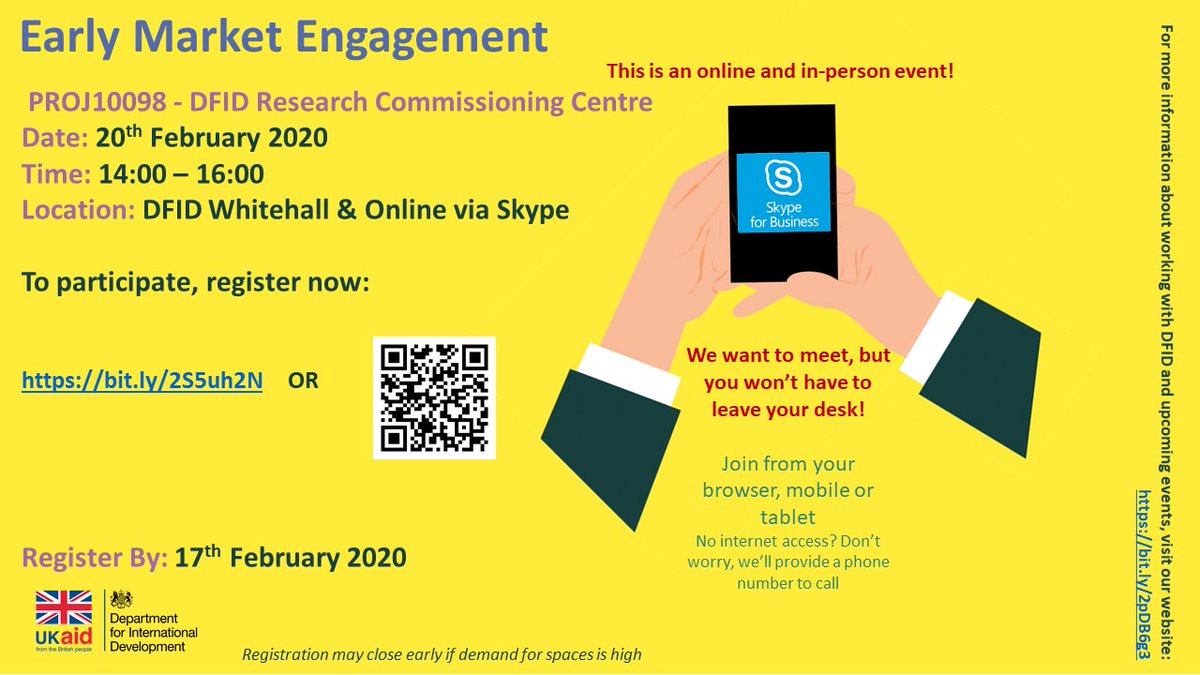 FCDOProcurement's tweet photo. #DFIDEvent 

 PROJ10098 - DFID Research Commissioning Centre early Market Engagement Event will take place on 20th February from 14:00-16:00 at DFID Whitehall &amp; Online via Skype. Registration will close 17th Feb. To register interest &amp; for more info https://t.co/PKXCOhkoUn https://t.co/BoSsAJfTh2