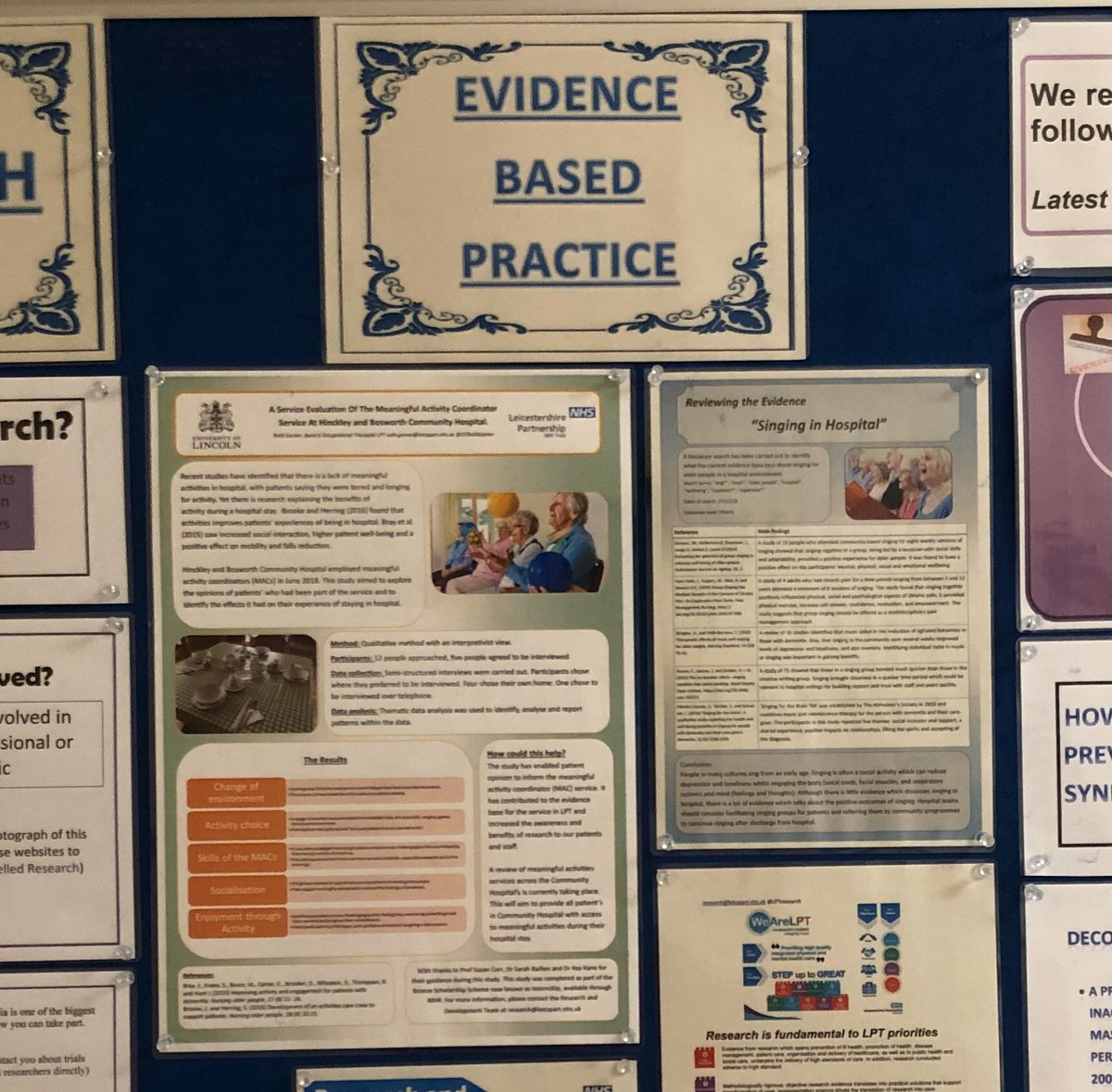 displaying evidence based research by @OTRuthGarner on meaningful activity coordinators & how meaningful activities help to improve our patients wellbeing during their stay on our wards @CMJPeart @leawarden @skashton @SueWyburn @NikkiBeacher @LPTpatientexp @CHSInpatientLPT