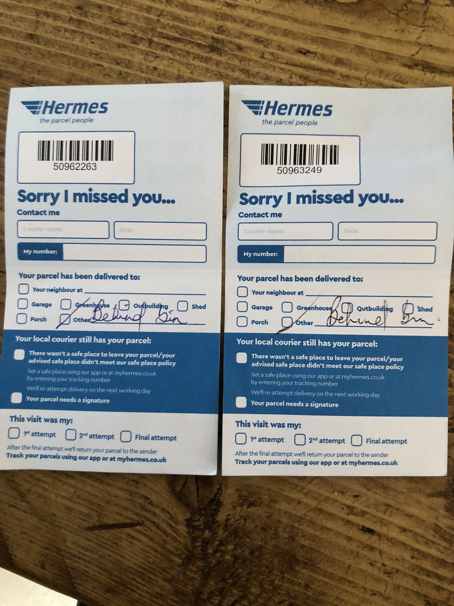 Goonerwiles's tweet photo. @Hermesparcels how do I contact you? Received cards saying something is left behind bin, yet nothing there? No record of these card - just what is going on?? No numbers, customer service email etc https://t.co/iNCLl5djuU