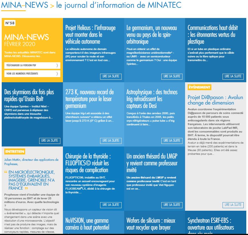 MINATEC's tweet photo. #MINA_NEWS, le journal d'info du #campusinnovation @MINATEC de fev. 2020 est dispo https://t.co/Dy5aGVSp9M 30 actus dont: @Prophesee_ai @Diabeloop @ESRF_FR #EBS @fluoptics @EXPERIMENTA @sgamejamgre @CEA_Leti @MINALOGIC #MBM @GIANT #JSIAM2020 @Phelma_ecole #IRIG #Avalun #LMGP https://t.co/cPATH8P8vE