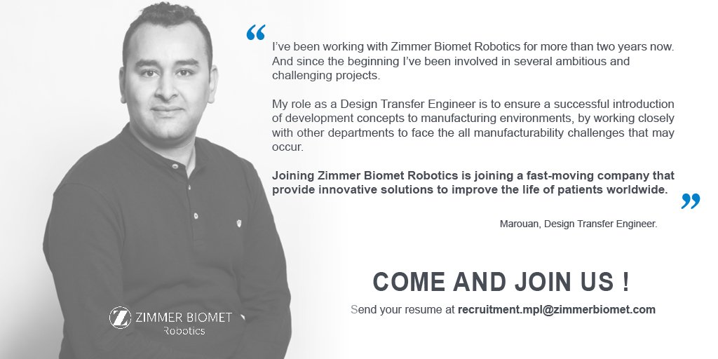 🚨 [JOB ALERT] 🚨
To complete Marouan's team, we are looking for new Design Transfer #Engineers! 🔍

Come and join us !
📩 Recruitment.mpl@zimmerbiomet.com
#job #recrutement #innovation #robotics #ZimmerBiomet