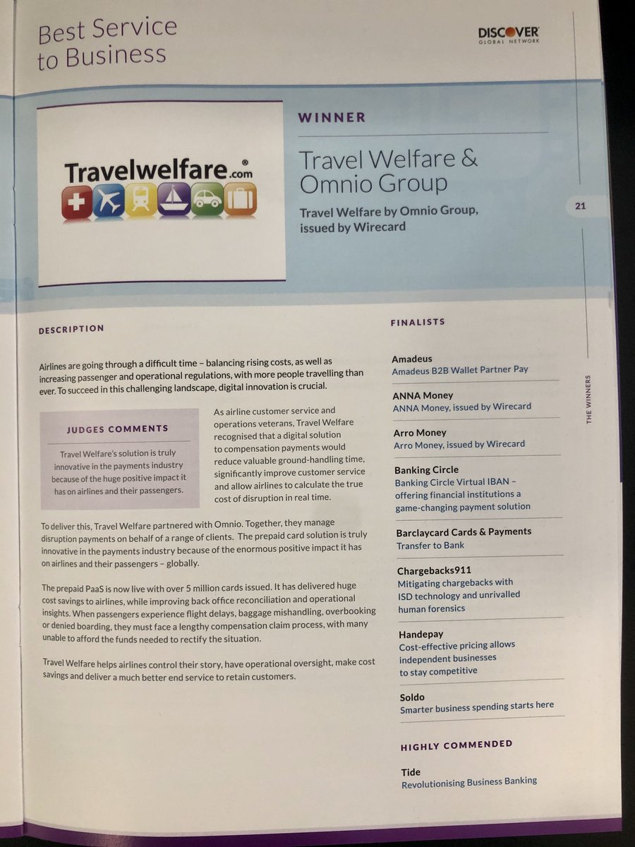 TravelWelfare's tweet photo. Another successful night for Travel Welfare at the Card &amp; Payments Awards 2020-narrowly missing out to The Post Office in one category but winning the Best Service to Business Award-huge thank you to our partners @wirecard @OmnioGlobal for their continued support @TCPAwards https://t.co/dEAAcxOLKZ