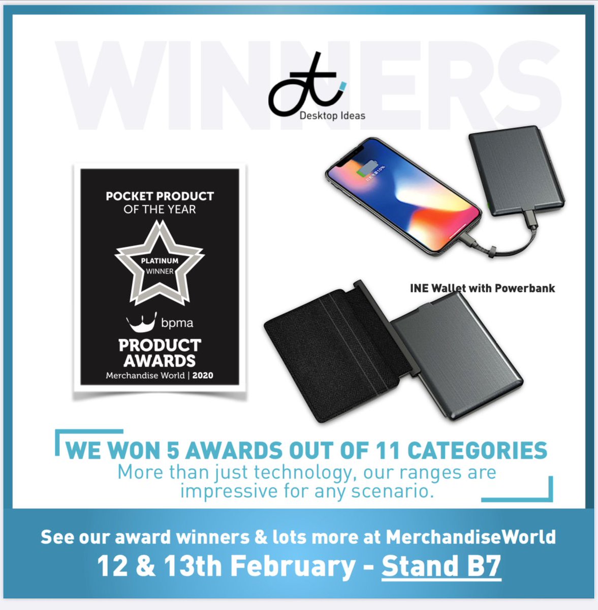 desktop_matt's tweet photo. Another day - another award 😎! This is my favourite ! our XOOPAR  INE power wallet - voted best in class - pocket promotional product of the year ...
Come and see us @MerchWorld_UK and find out about this and all our NEW 2020 range...see you next week ! 
 #promotionaltechnology https://t.co/Vz825NVXDi