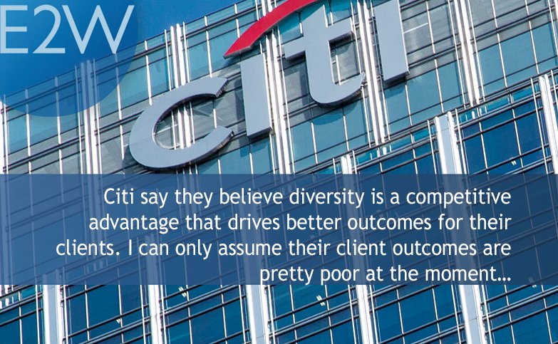 MarkFreedE2W's tweet photo. Citi say they believe diversity is a competitive advantage that drives better outcomes for their clients. I can only assume their client outcomes are pretty poor at the moment…

#metoopay  #womeninfinance #genderequity #genderpay 

https://t.co/n4qyjNwTUq https://t.co/hje7FtKPNG