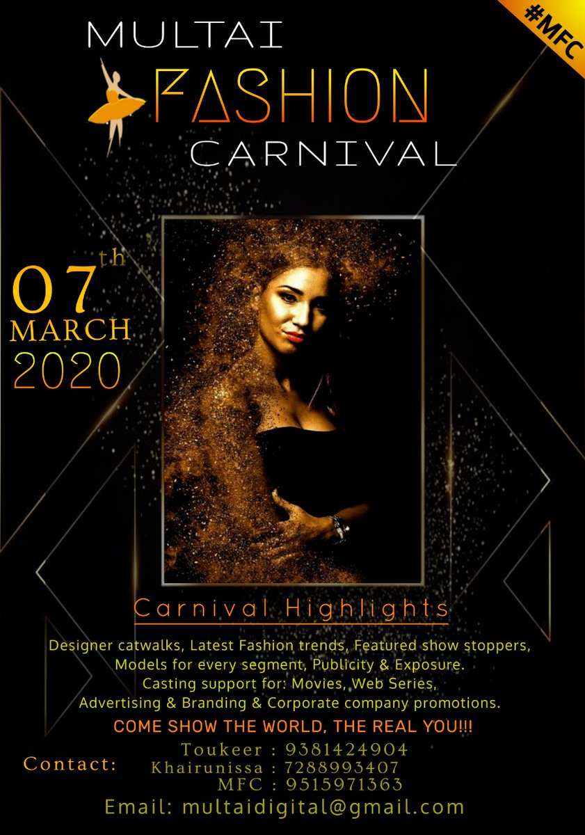 CrazyEventsHyd's tweet photo. Multai Fashion Carnival on 7Th March 2020

For more details, can call 9381424904

#mfc #fashion #fashionshow #fashioncarnival #fashionstyle #stunnagirl #fashiondesigner #photography #iris #bridal #hyderabad #hyderabadevent #multai #multaifashioncarnival #fashionmodeling #models https://t.co/qIk5Ec3X7e