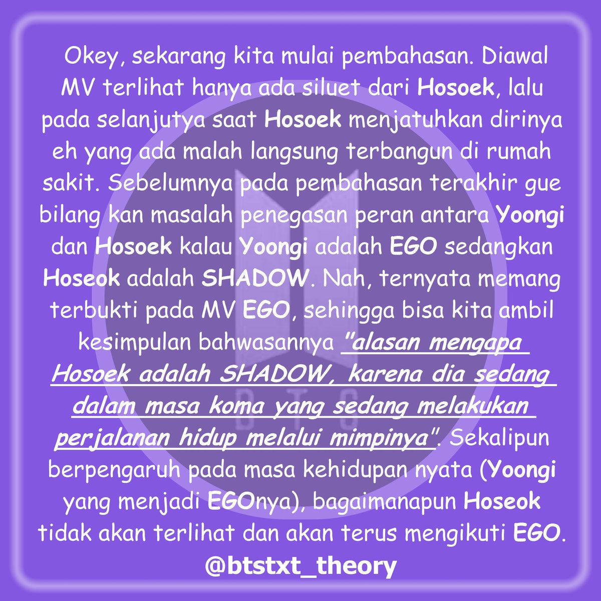 23Phiping's tweet photo. Alasan mengapa HOSEOK adalah SHADOW karena dia terpanggil oleh EGO (YOONGI) &amp; jangan lupa kalau bang jey juga punya HOPE WORLD 🧚💜
#armyTS #SUGA #JHOPE #EGOComebackTrailer #방탄소년단 #EgoByJhope #EgoIsHere #SHADOW #shadowcombacktrailer  @BTS_twt @bts_bighit https://t.co/3TjkMLSf3V