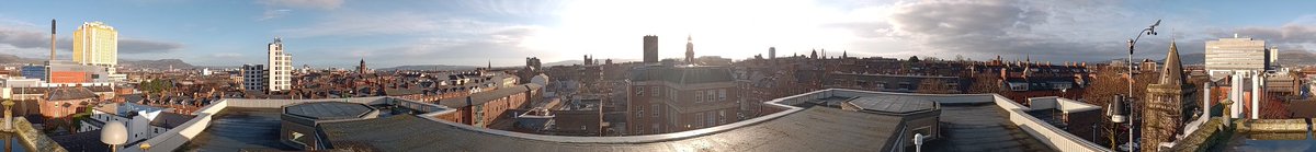 GeoConor's tweet photo. #Friday view out over Belfast this morning from @QUBGeography If you look closely you might spot some kit @osni_maps GNSS (GPS) geodetic antenna #OpenRTK GNSS antenna automatic weather station & a pollen counter managed by colleagues @arcpalqub Lots of science going on @QUBelfast https://t.co/oVVVE94l6Q
