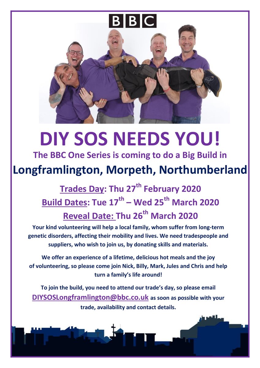 DIY SOS (@diysos) on Twitter photo Attention Northumberland! 
DIY SOS is coming to Longframlington, Northumberland 17th - 26th March.
We need YOUR HELP!
Fancy getting involved? Trades, suppliers and volunteers, please email: diysoslongframlington@bbc.co.uk.
#DIYSOS #WeNeedYourHelp
<a href="/MrNickKnowles/">Nick Knowles</a> <a href="/Bonjourmillar/">Mark Millar</a> Attention Northumberland! 
DIY SOS is coming to Longframlington, Northumberland 17th - 26th March.
We need YOUR HELP!
Fancy getting involved? Trades, suppliers and volunteers, please email: diysoslongframlington@bbc.co.uk.
#DIYSOS #WeNeedYourHelp
<a href="/MrNickKnowles/">Nick Knowles</a> <a href="/Bonjourmillar/">Mark Millar</a>