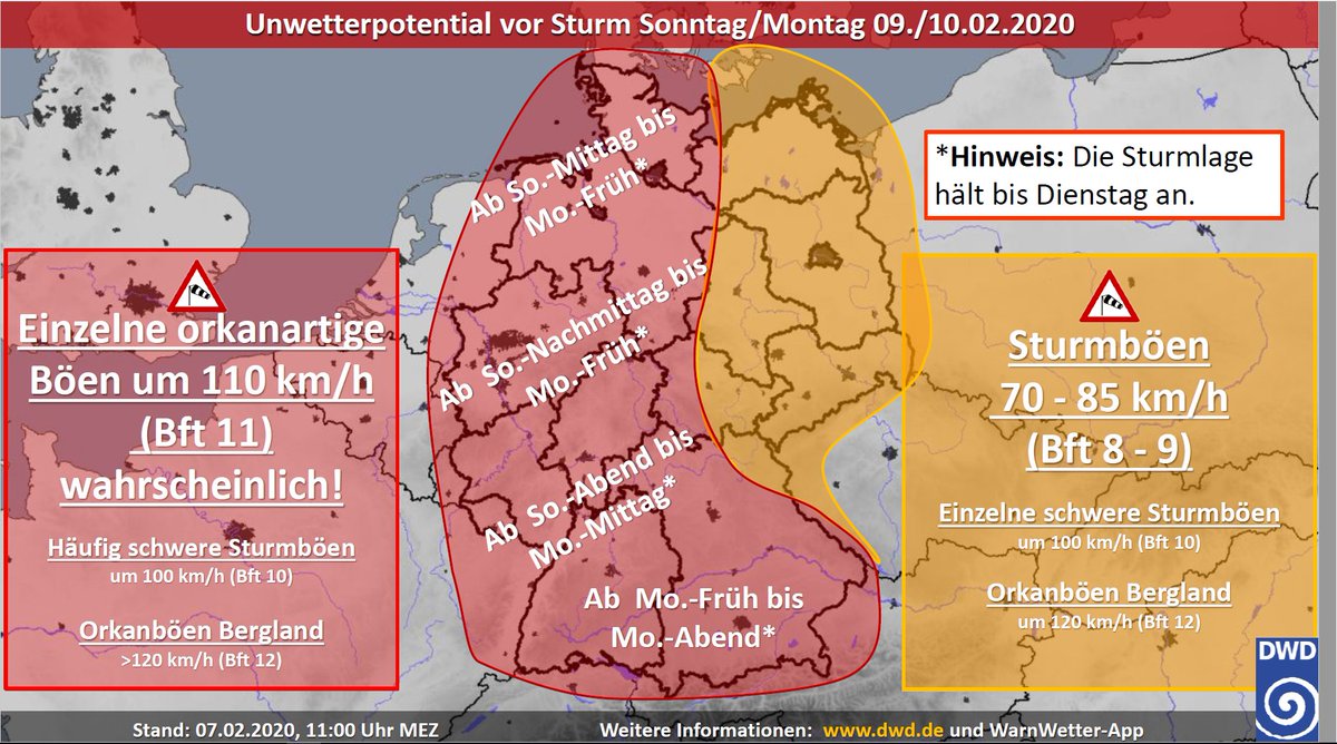 #Sturm #SABINE: erste graphische Einschätzung der Sturmsituation ab Sonntag. In den rot markierten Bereichen sind schwere Sturmböen um 100 km/h wahrscheinlich, einzelne orkanartige Böen oder Orkanböen ebenfalls. Besonders in Gewitternähe muss darauf geachtet werden. /V