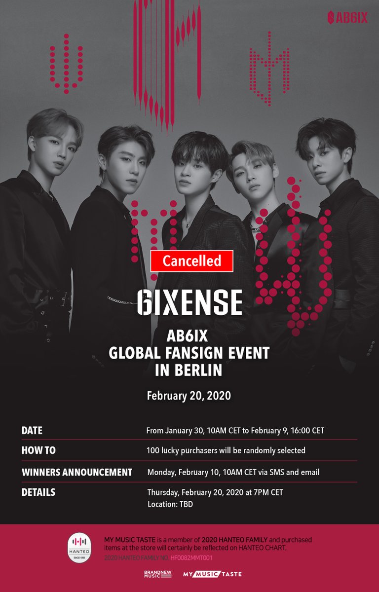 _mymusictaste's tweet photo. We regret to inform you that due to the indefinite delay of 'AB6IX 1ST WORLD TOUR <6IXENSE> IN EUROPE', AB6IX Global Fansign Event in Berlin will be cancelled. All purchasers will receive a FULL refund from MyMusicTaste within the next 24 hours.
#AB6IX #AB6IXGlobalFansign https://t.co/YJGBqOQuym