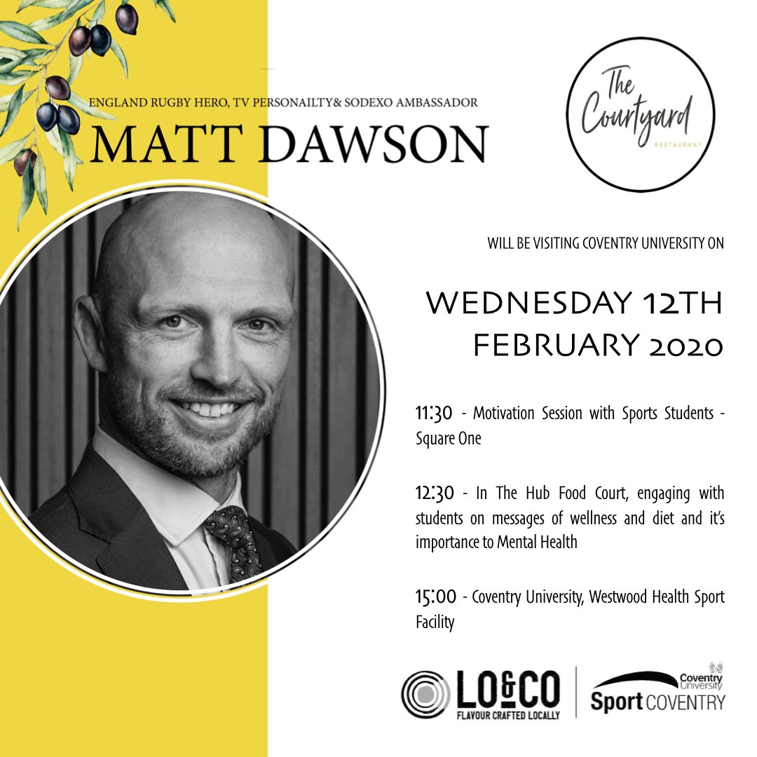 Next Wednesday, 12th of February, rugby hero, tv personality and Sodexo ambassador, Matt Dawson will visit us for the entire day! 
To see him in person and hear his advices just turn up to the scheduled events!