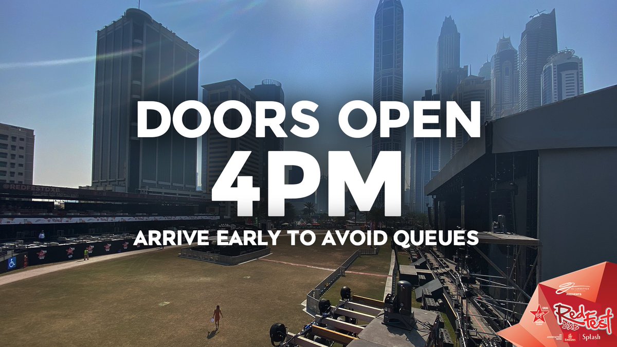 RedFestDXB's tweet image. Doors open at 4PM ⏰ Get early to avoid queues and remember you can still get tickets online or at the box office right here!

👉🏻 redfestdxb.com/tickets 👈🏻