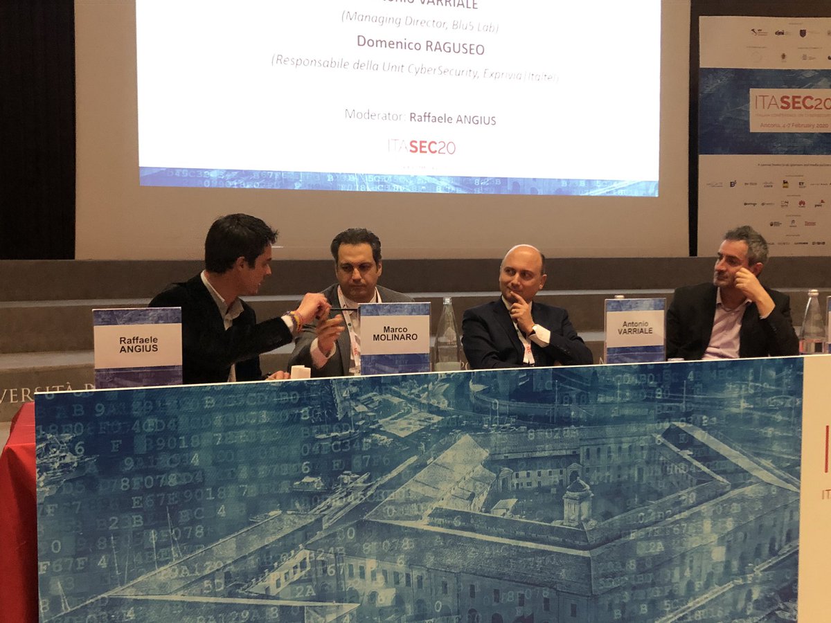 ITASEC_Conf's tweet photo. Vision speech from key compaines ITASEC20 with Marco Molinaro @Accentureitalia, @giuntru @blu5group, @domenicoraguseo @Exprivia_Italy and @faffa42.

https://t.co/1N8Os3LveJ
@CyberSecNatLab 

#ITASEC20 #cybersecurity #Ancona https://t.co/alHfqyQeIK