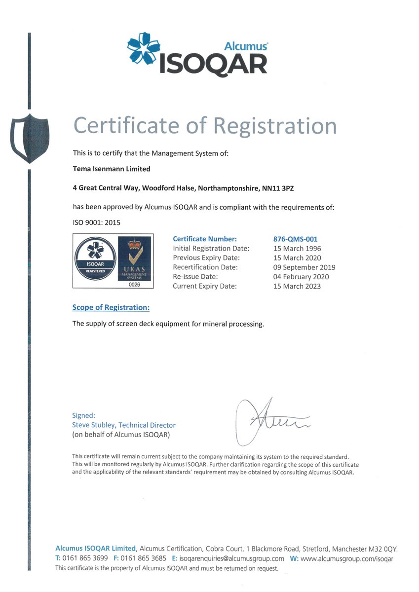 ISO9001:2015 Certificate of Registration received following our successful recertification audit <a href="/TemaIsenmann/">Tema Isenmann</a>