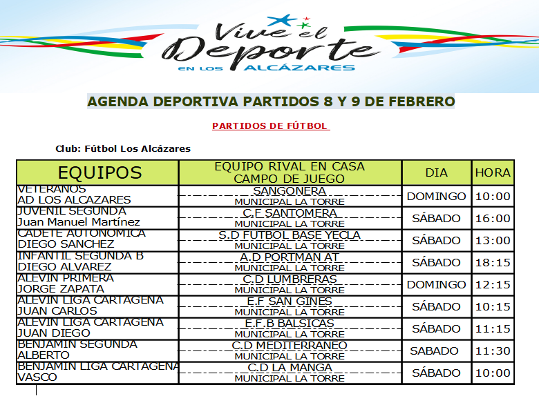 Agenda Deportiva 8 y 9 de Febrero #deporteslosalcazares #vivelo