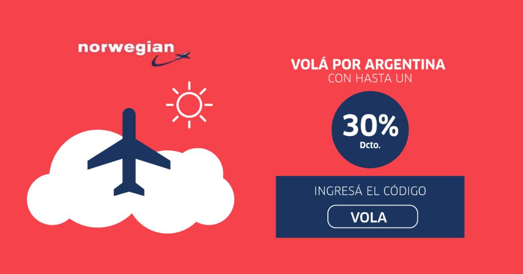 ¡Último día! Reservá tu vuelo de cabotaje con hasta un 30% dcto. Solo hasta la medianoche de hoy. Disfrutá el verano volando ☀ Entrá en norwegian.com/ar/oferta/ofer… y volá desde/hacia Aeroparque o en la web de JetSMART para volar desde/hacia El Palomar ✈