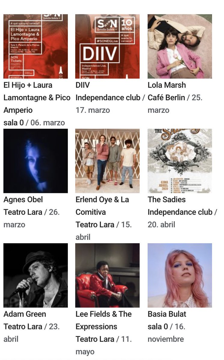 MadridAndMusic's tweet photo. Próximas fechas madrileñas de @SON_EG : El Hijo, @Lola_Marsh_Band, @DIIV, @agnesobel, @BasiaBulat, @TheSadies, @Erlendoye1975  &amp; La Comitiva, Adam Green, Lee Fields &amp; The Expressions ... https://t.co/CAQE4baQHo https://t.co/iO4BbMDul0