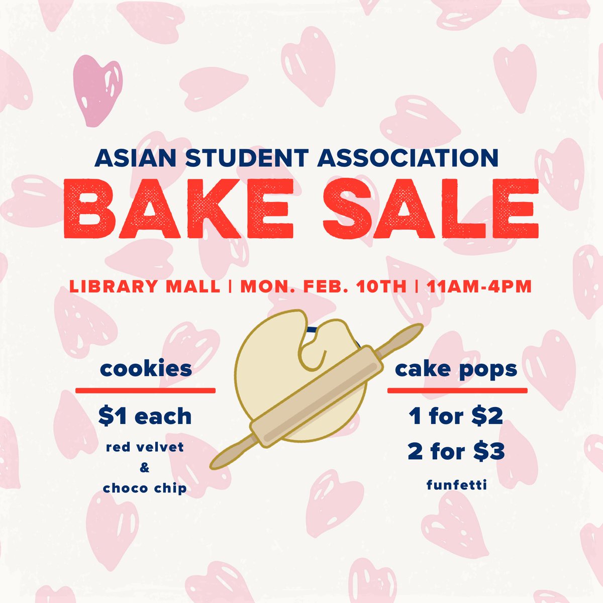 utarlingtonasa's tweet photo. treat yourself or your special someone with valentines cookies &amp; cakepops from ASA’s bake sale  on monday in front of the central library!!
we have red velvet &amp; choco chip cookies + funfetti (bday cake) pops ✨so come by and BUY 😉 eat your weight in snickity snacks 🥰🥰🥰 https://t.co/Z6d1F7Pp2x