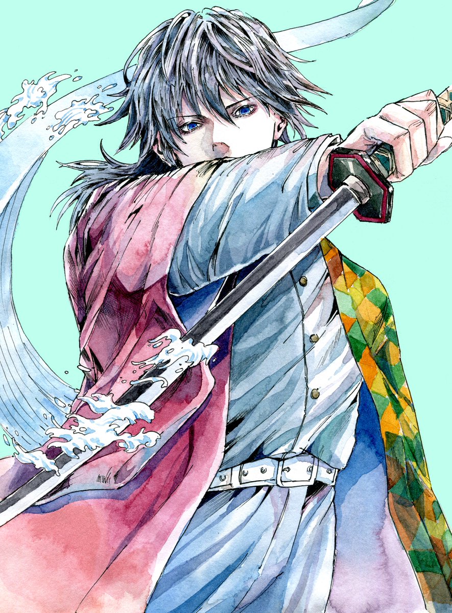tomioka giyuu 1boy weapon male focus sword haori solo holding  illustration images