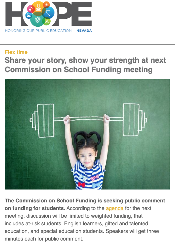 HOPEforNevada's tweet image. CALL TO ACTION! 📢SHARE YOUR STORY with the Commission on School Funding on 2/20. Tell them how the severe lack of education funding affects your public education student(s). #FundOurFutureNV
 - mailchi.mp/685f1e002804/c…