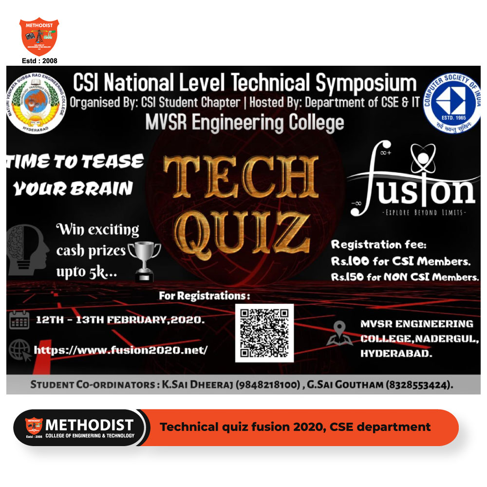 MCETHyderabad's tweet image. Methodist college tests the skill set of CSE department students by conducting a technical quiz fusion 2020. 

Visit us on : methodist.edu.in

#TechnicalQuiz #Fusion2020 #CSEDepartment #Students #MethodistCollegeTests #Quiz #MethodistCollegeofEngineeringandTechnology