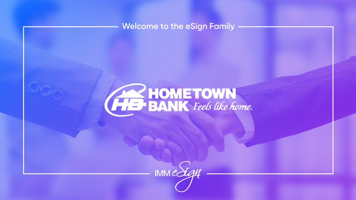 IMMeSign's tweet photo. Another wonderful day when we welcome yet another new client to the #IMMeSign family! @HometownBankKY selected our advanced #eSignature solution to interface with their #CSI NuPoint core and their #Finastra LaserPro systems. Thanks for choosing IMM! #Banks #SimplytheBest https://t.co/dPJKAJhbDD