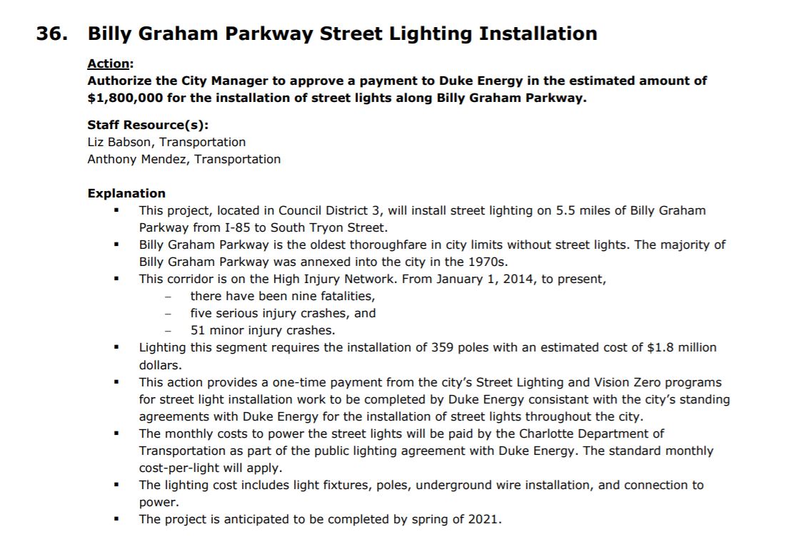 JoeBrunoWSOC9's tweet photo. Street lighting is coming to Billy Graham Parkway. Since 2014 there have been 9 fatalities, 5 serious injury crashes and 51 minor injury crashes #CLTCC https://t.co/qE3cEzcShk