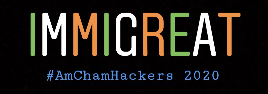 IMMIGREAT2's tweet photo. Team 10: #IMMIGREAT 
Pic 1: Team Photo
Pic 2: Team in action Photo
Pic 3: Our Logo 

#AmChamHackers https://t.co/CBYa0VSzV2
