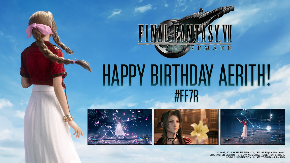 SquareEnixDE's tweet photo. Da heute der 7. Februar ist, hoffen wir, dass ihr alle fleißig mitmacht  und mit uns zusammen Aerith zum Geburtstag gratuliert! 🎉 #FF7R https://t.co/Y4jK2ZTIpX